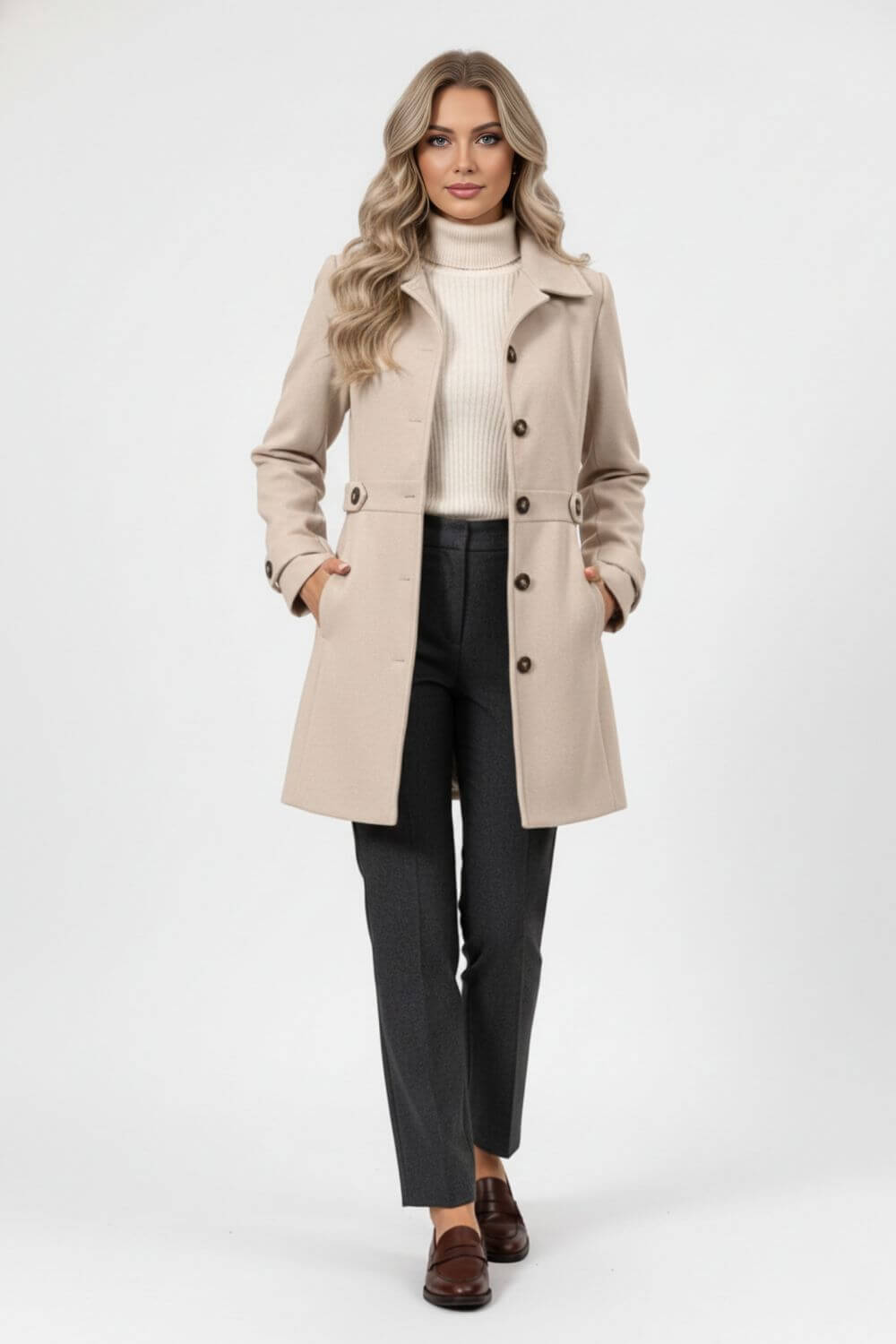 Elegant buttoned winter coat with belted waist for women | Caurelle
