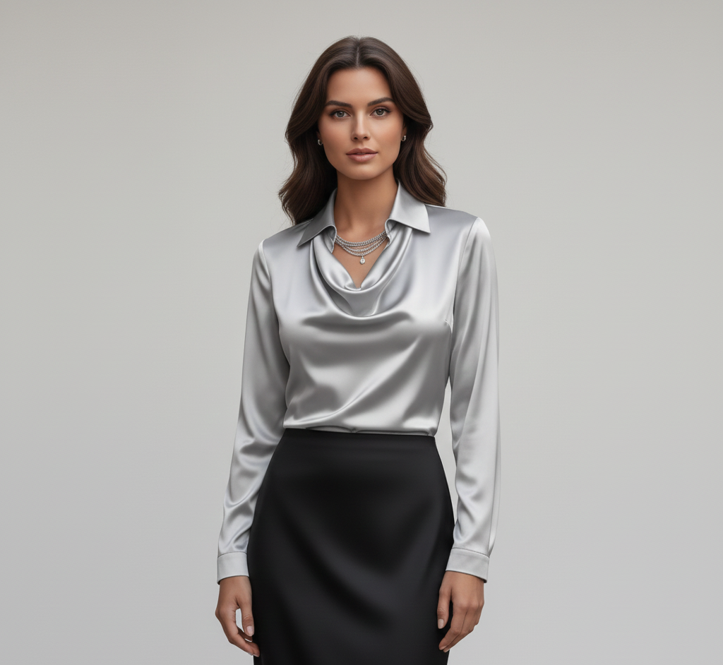 Elegant satin blouse with soft draped collar for women | Valerios