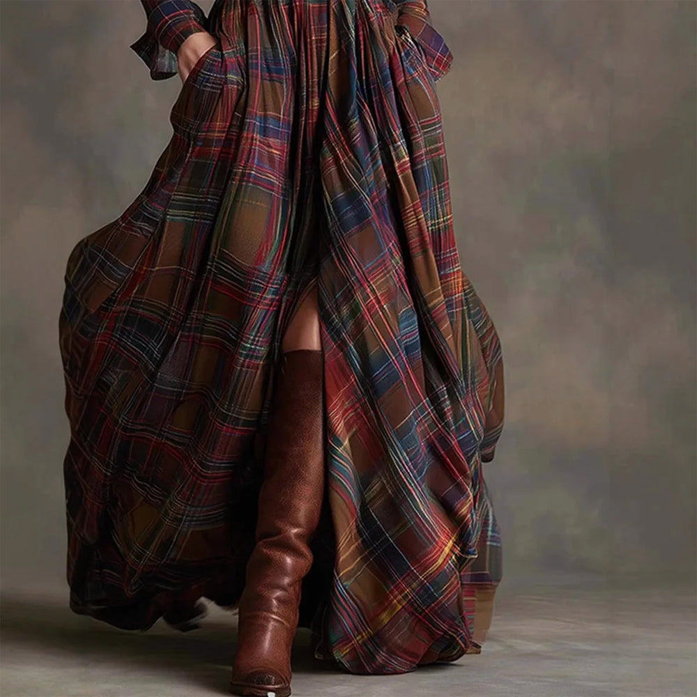 Vintage plaid long maxi shirt for women | Aurora -5