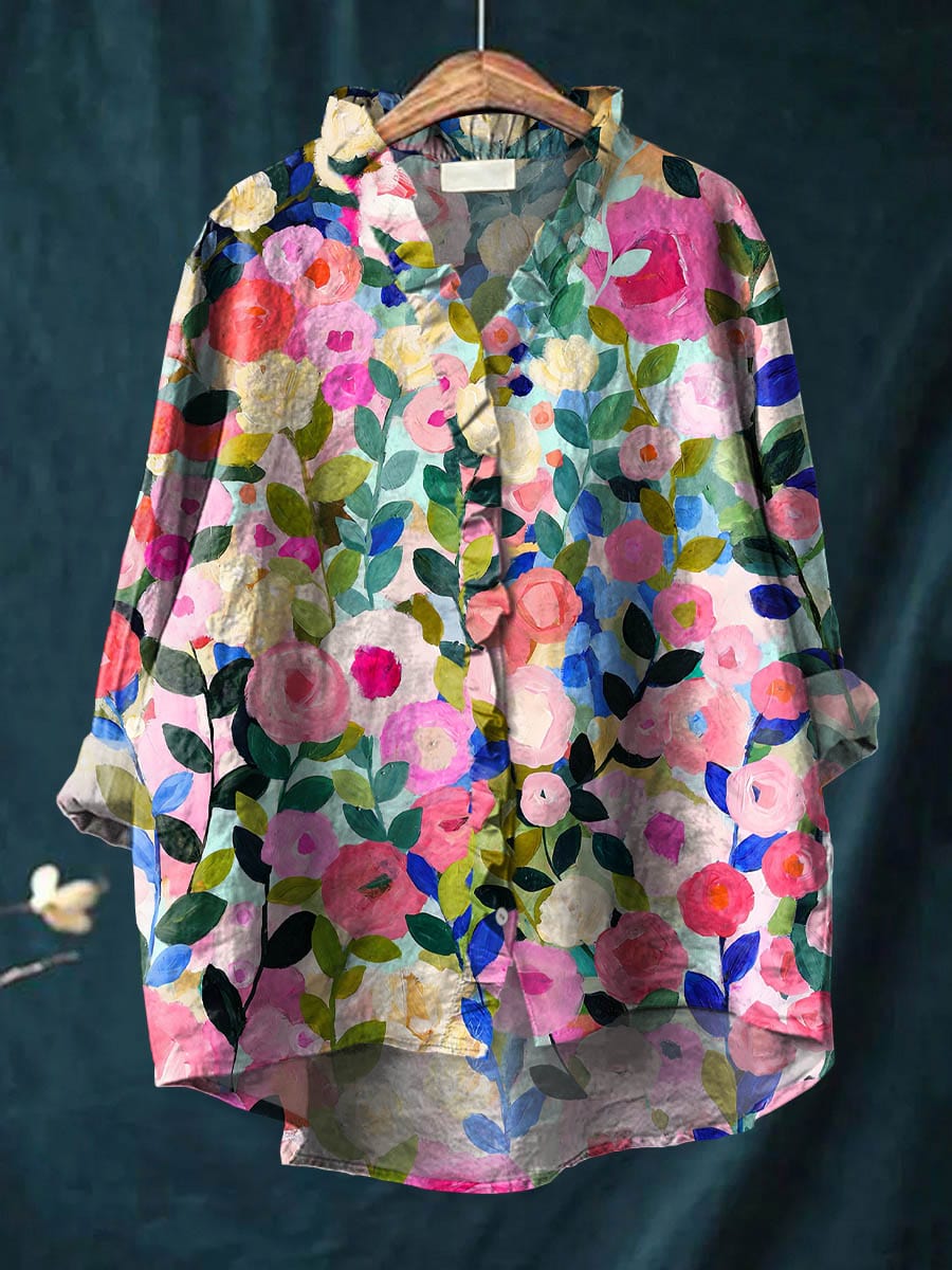 Floral blouse with ruffle-trim neckline for women | Alisa