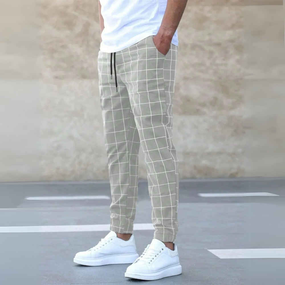Checkered tapered joggers elastic waistband piece for men | Kellan -5