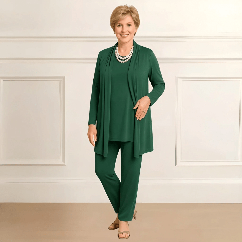 Three-piece cardigan, top and pants set for women | Rosy