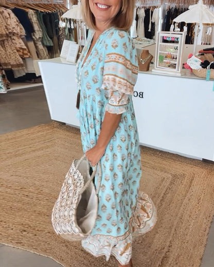 Printed V-neck half sleeve dress for women | Verona -4
