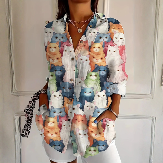 Cat print blouse with relaxed silhouette for women | Cateline