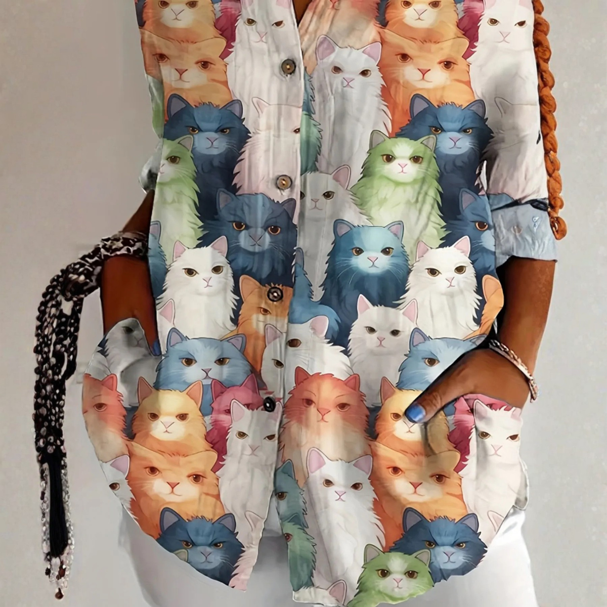 Cat print blouse with relaxed silhouette for women | Cateline
