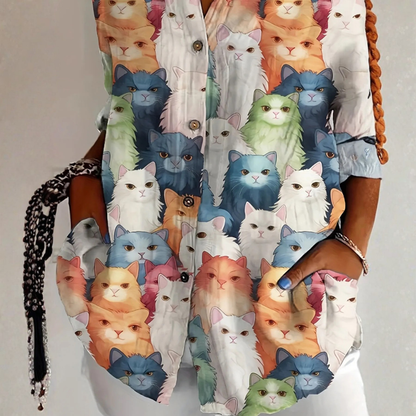 Cat print blouse with relaxed silhouette for women | Cateline