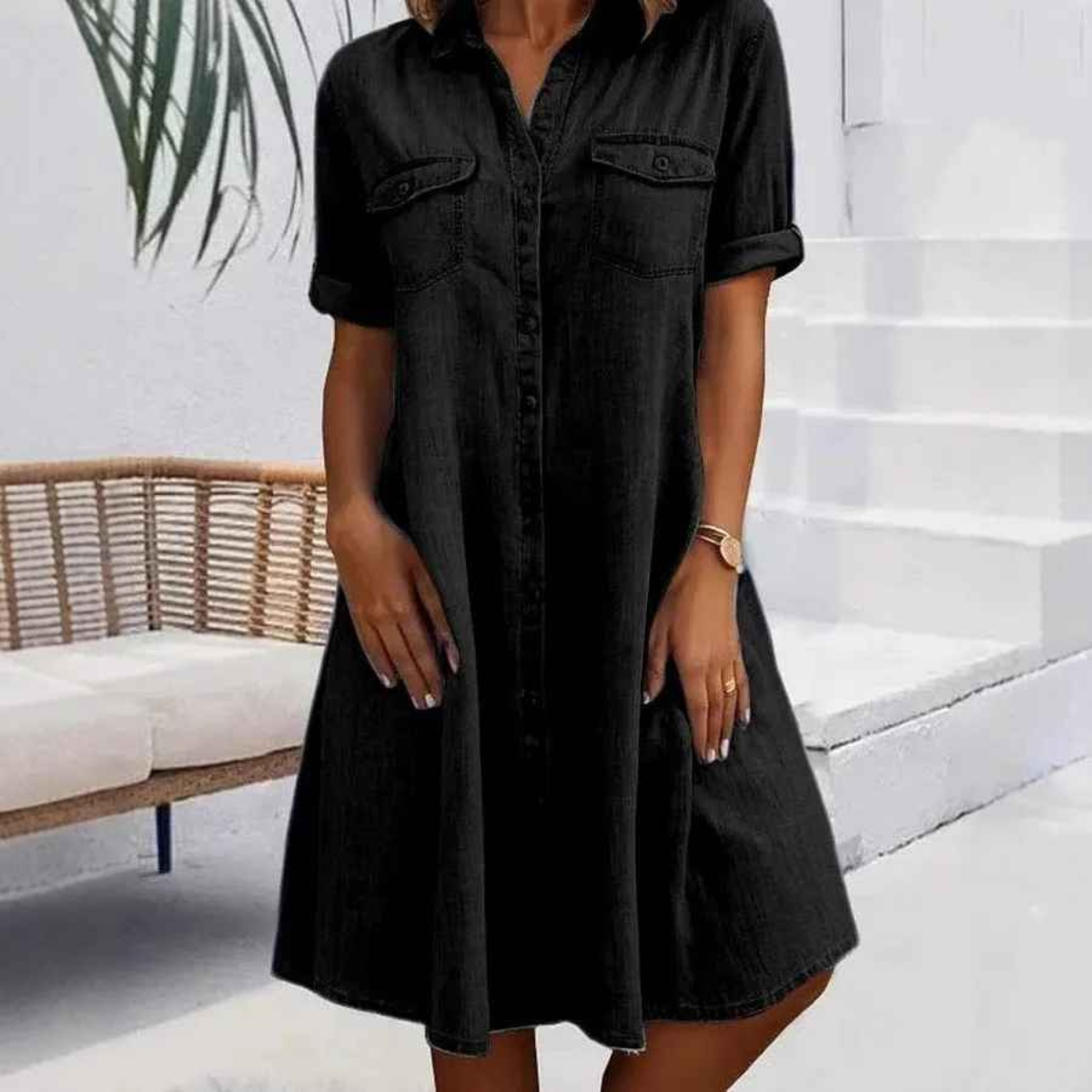 Casual dress with button neckline and front pockets for women | Ruby