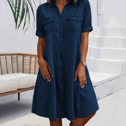 Casual dress with button neckline and front pockets for women | Ruby