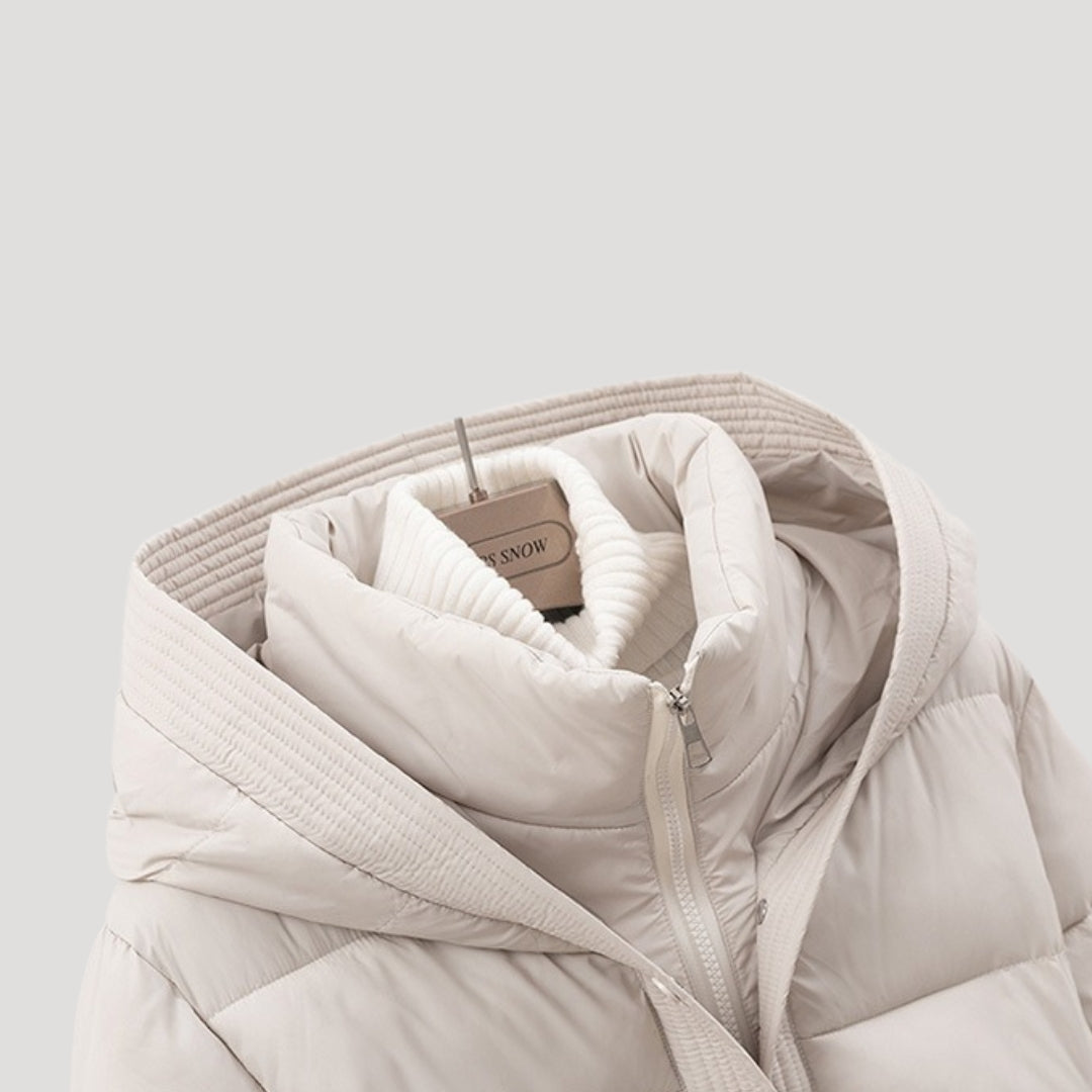 Belted hooded puffer jacket for women | Elara