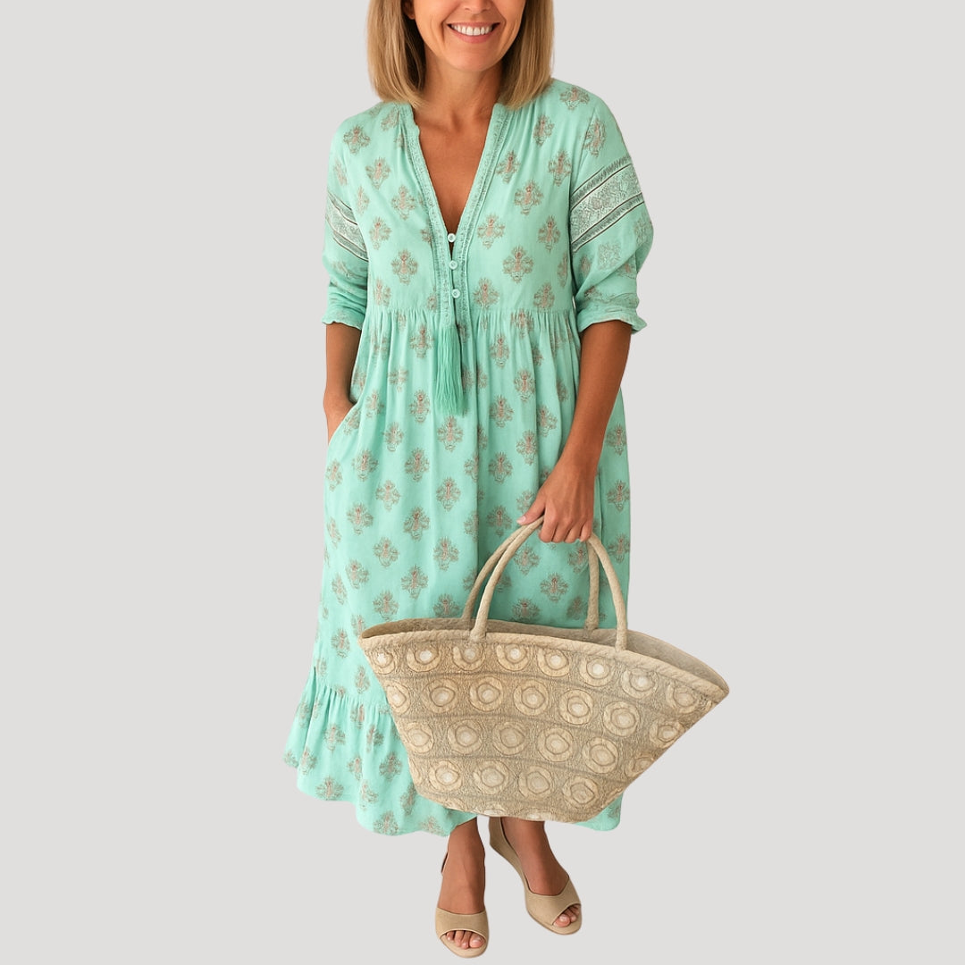 Boho midi dress with printed design for women | Liora