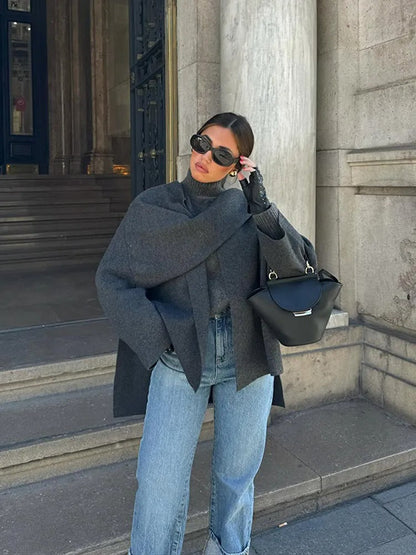 Chic asymmetrical wool poncho coat for women | Seraphina -6