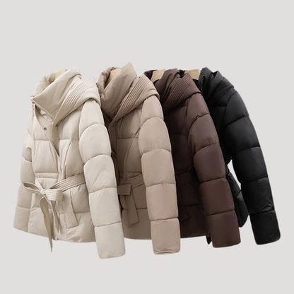 Belted hooded puffer jacket for women | Elara
