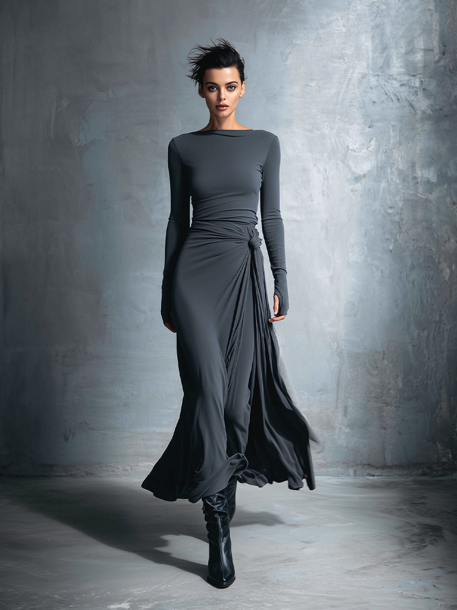 Elegant grey wrap maxi dress for women | Elara -7