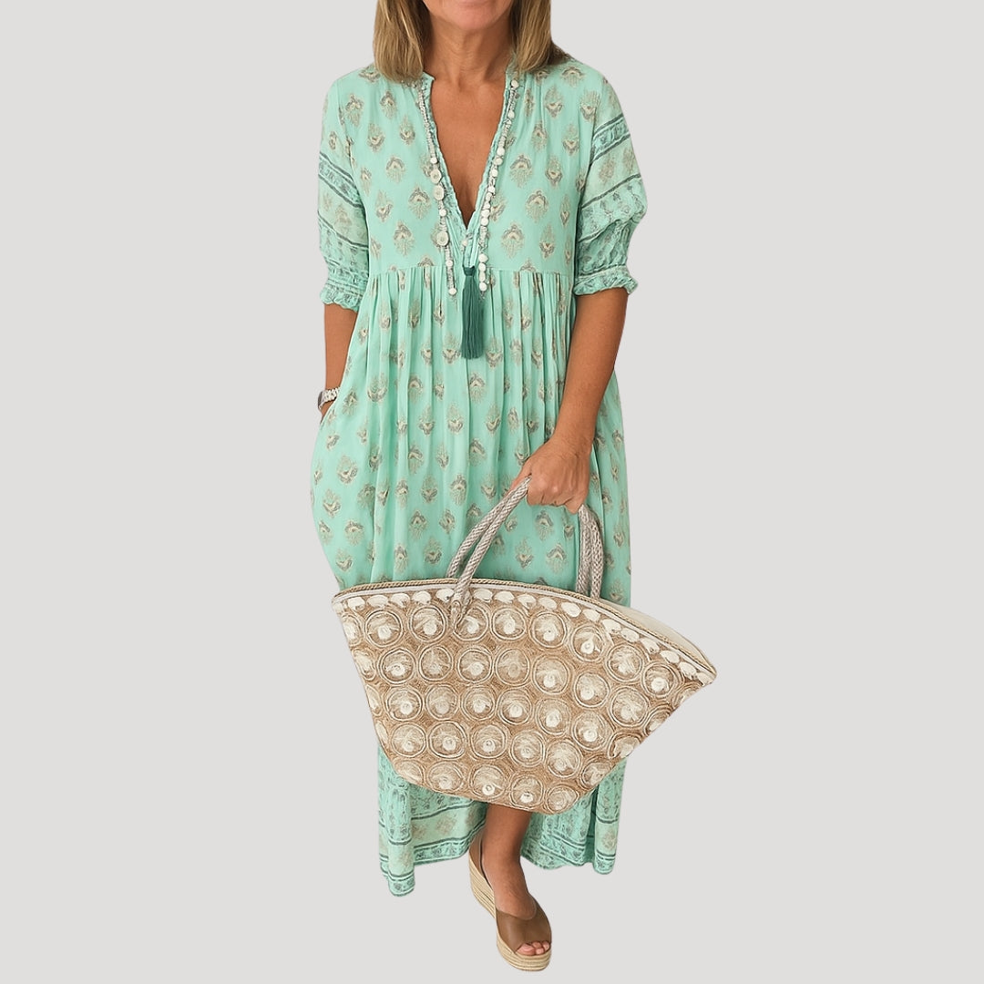 Boho midi dress with printed design for women | Liora