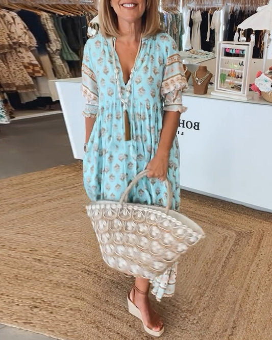 Printed V-neck half sleeve dress for women | Verona -1