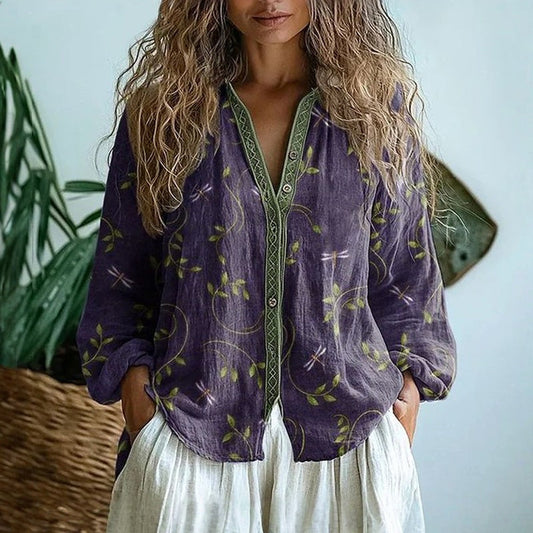 Vintage leaf print blouse for women | Chic -1