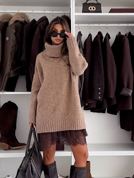 Elegant roll-neck knit mini dress set for women -2