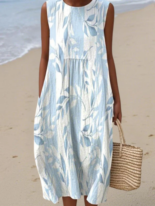 Sleeveless leafy print everyday midi dress for women | Joy -1