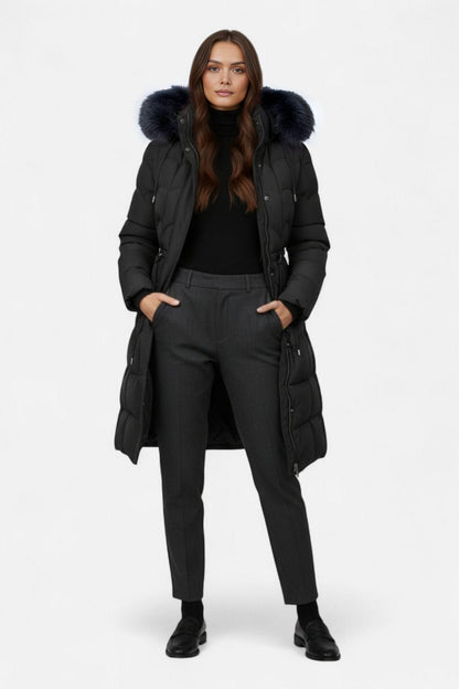 Long puffer coat with hood and adjustable waist for women | Caurelle