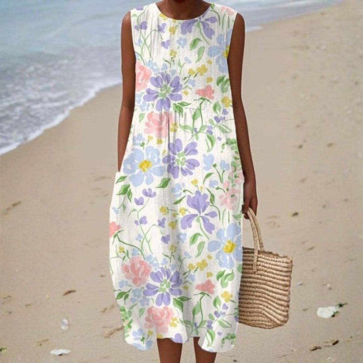 Sleeveless floral dress with A-line silhouette for women | Maribelle