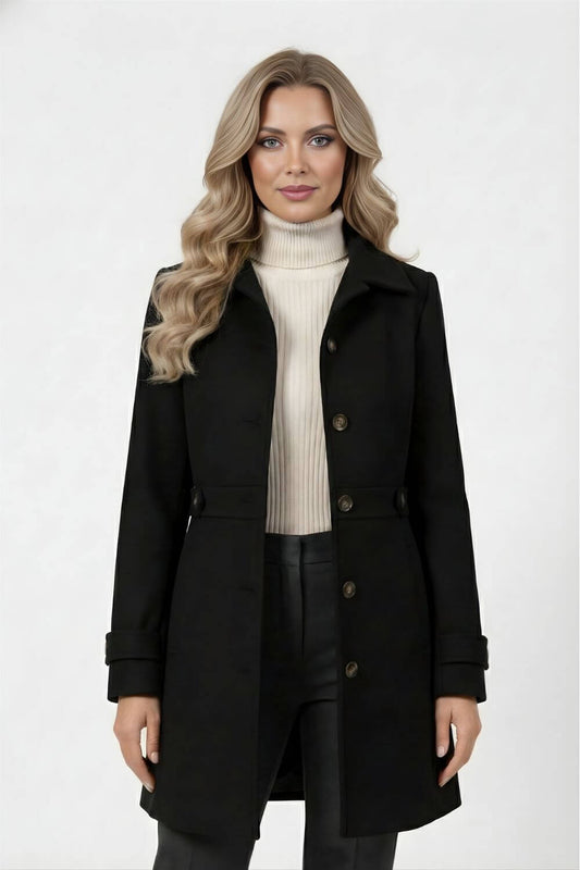 Elegant buttoned winter coat with belted waist for women | Caurelle