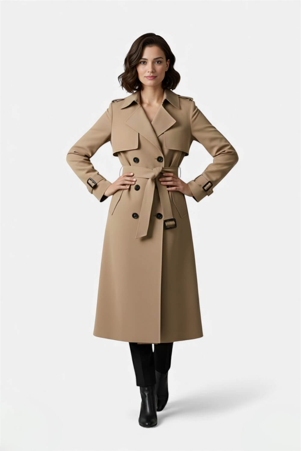 Belted long trench coat with double-button front for women | Caurelle