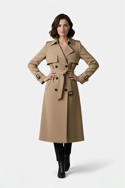 Belted long trench coat with double-button front for women | Caurelle