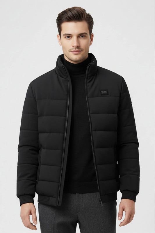 Stand-collar puffer jacket with zippered pockets for men | Caurelle