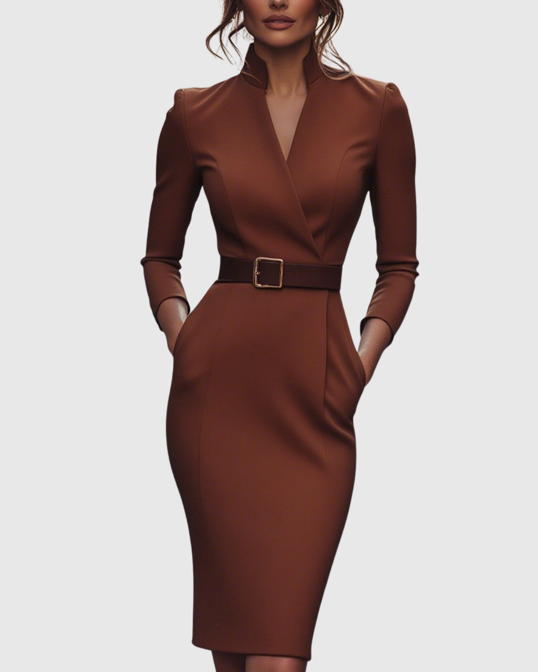 Elegant long-sleeve tailored midi dress for women | Claribel -6