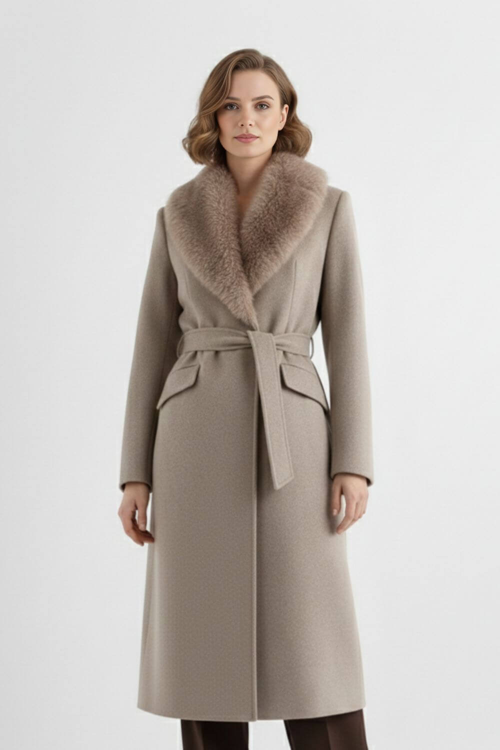 Long coat with soft collar and belted waist for women | Caurelle