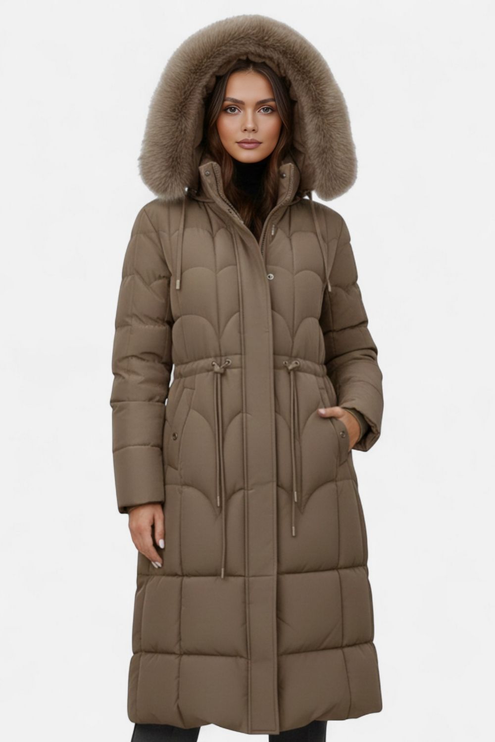 Long puffer coat with hood and adjustable waist for women | Caurelle