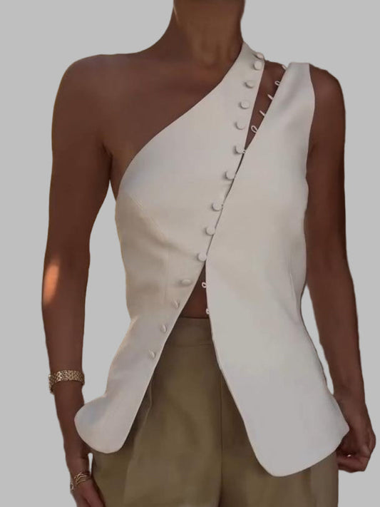 One-shoulder button-detail everyday top for women | Dione -1
