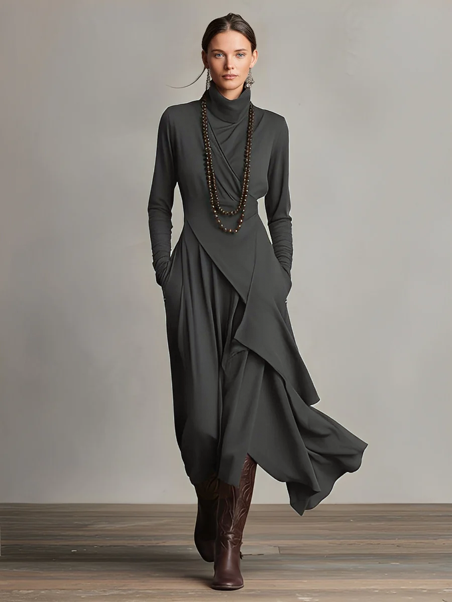Bohemian draped turtleneck maxi dress jumper for women | Elowen -4