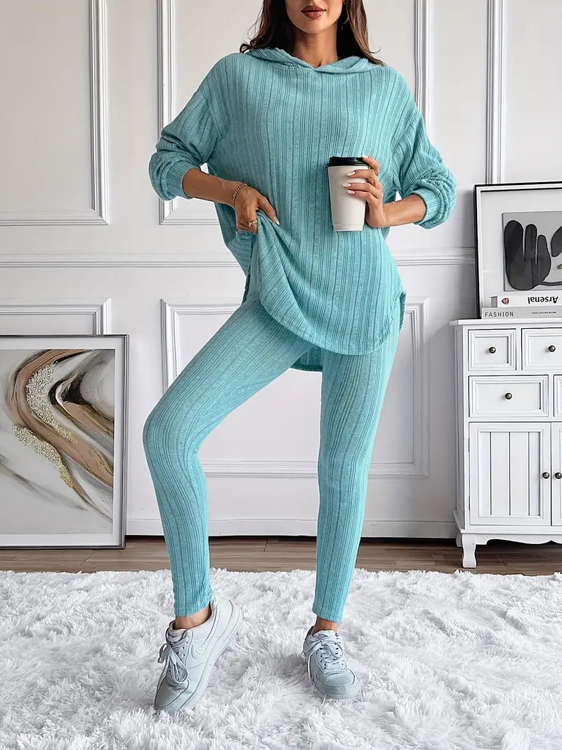 Ribbed knit lounge set oversized hoodie for women | Lyra -3