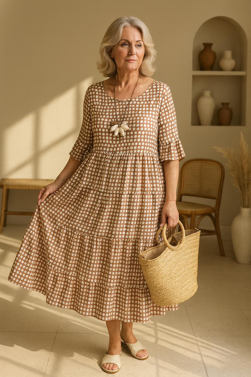 Relaxed sable short-sleeve midi dress for women | Iris -1