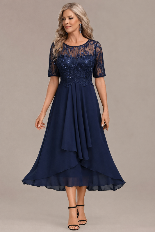 Elegant lace sleeve round neck midi dress for women | Sophie