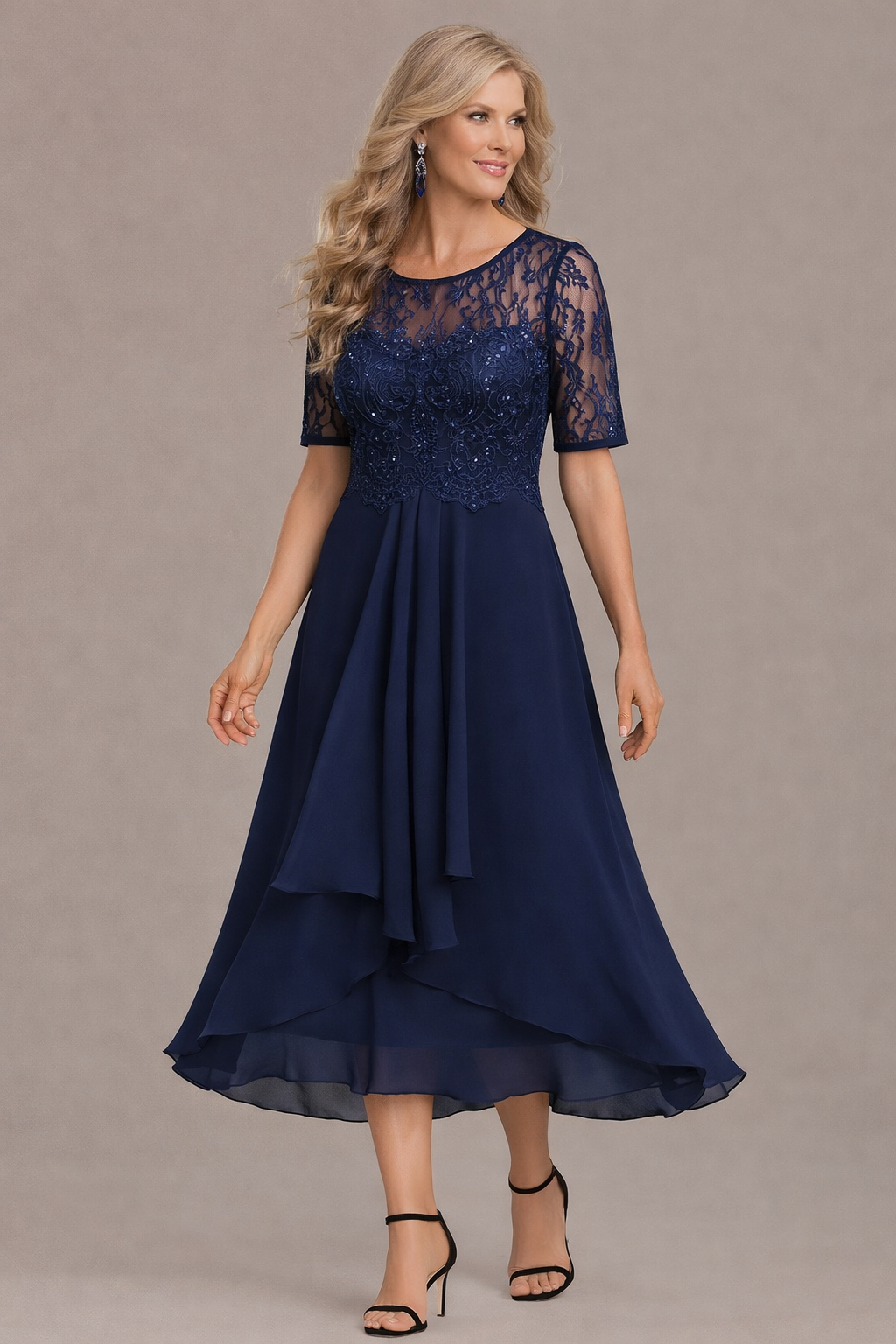 Elegant lace sleeve round neck midi dress for women | Sophie