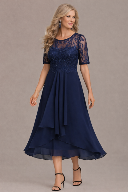 Elegant lace sleeve round neck midi dress for women | Sophie