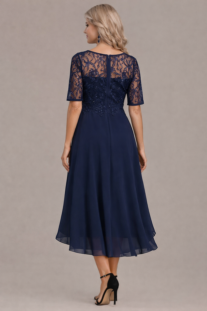 Elegant lace sleeve round neck midi dress for women | Sophie