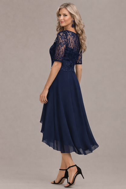 Elegant lace sleeve round neck midi dress for women | Sophie