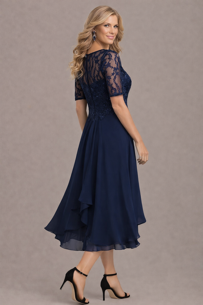 Elegant lace sleeve round neck midi dress for women | Sophie