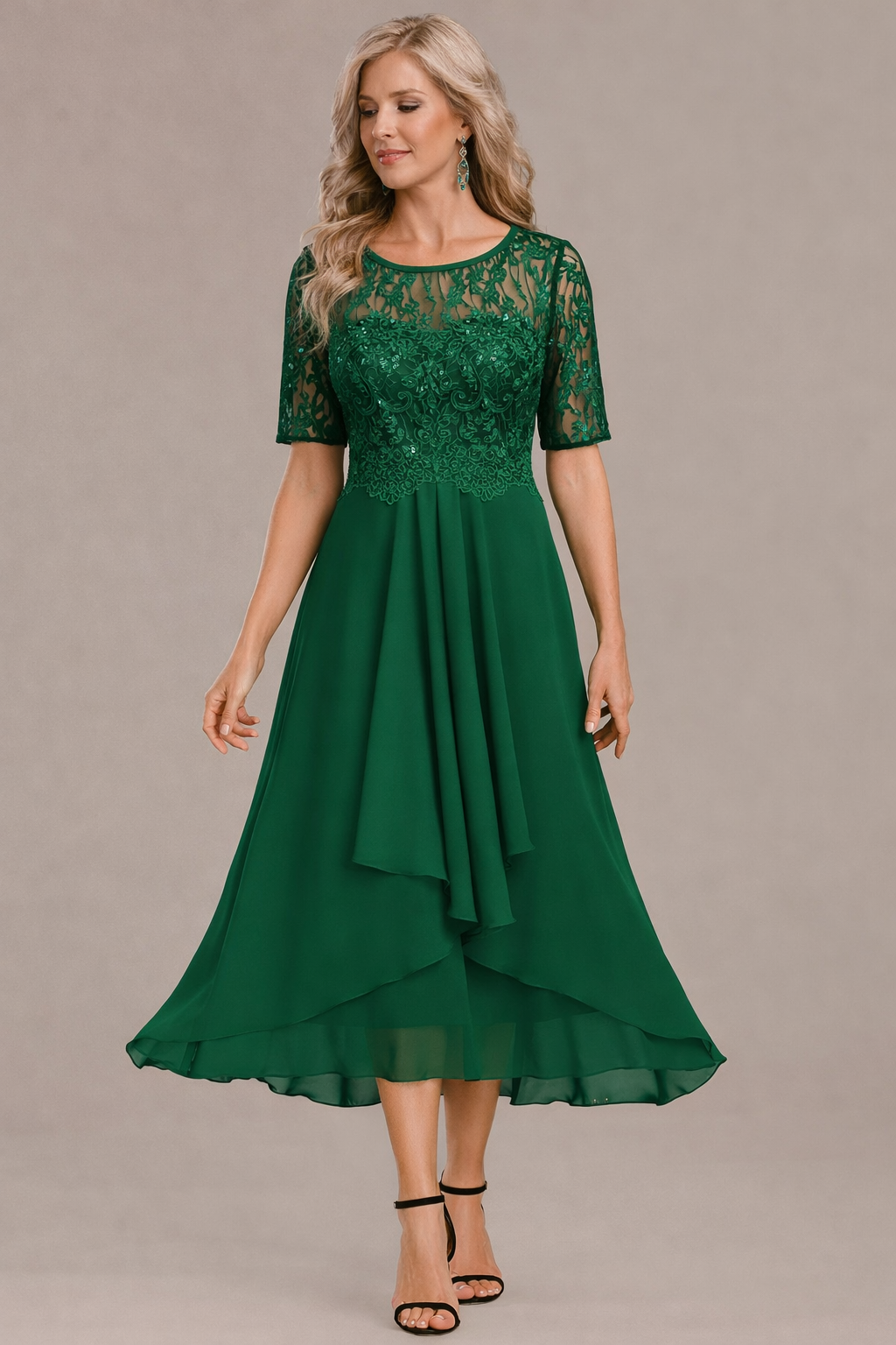 Elegant lace sleeve round neck midi dress for women | Sophie