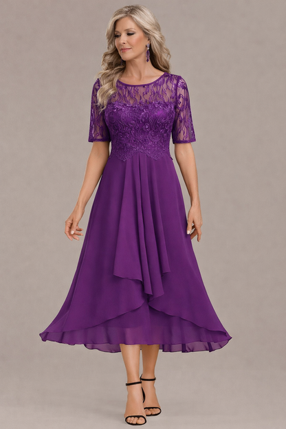 Elegant lace sleeve round neck midi dress for women | Sophie