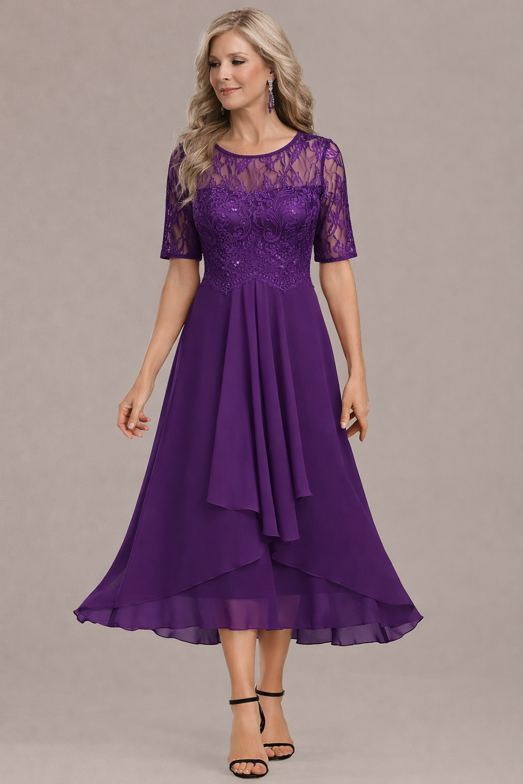 Elegant lace sleeve round neck midi dress for women | Sophie
