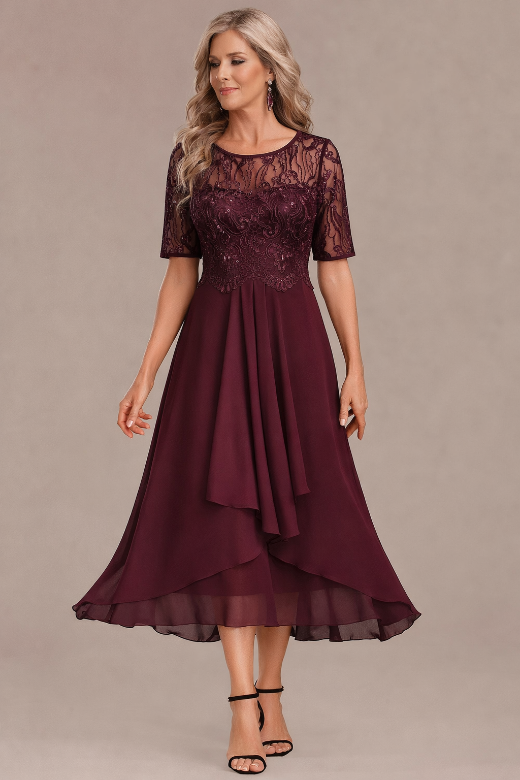 Elegant lace sleeve round neck midi dress for women | Sophie