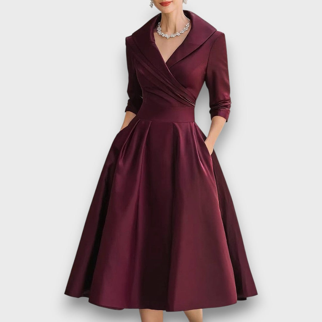 Refined wrap-neck midi dress for women | Elara -4