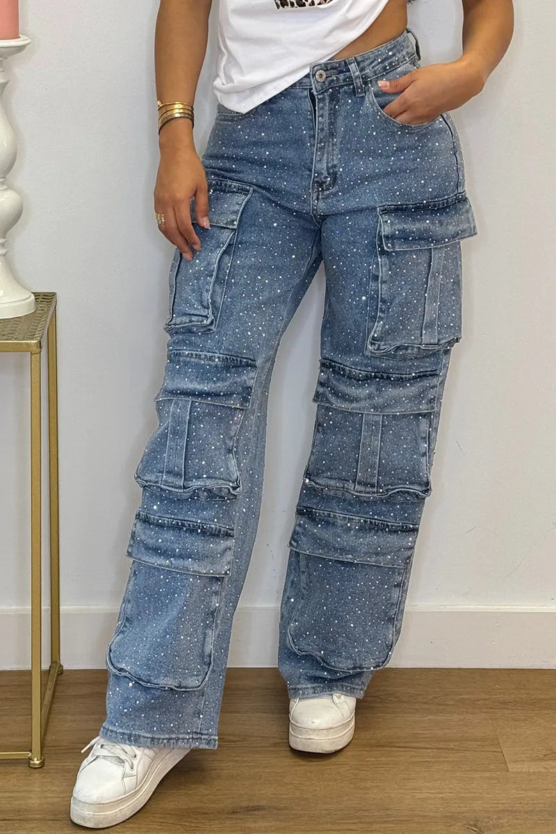Rhinestone cargo jeans for women | Lucy -12