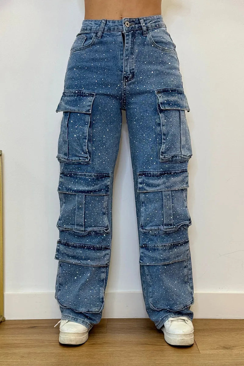 Rhinestone cargo jeans for women | Lucy -11