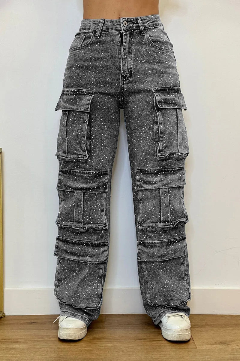Rhinestone cargo jeans for women | Lucy -7