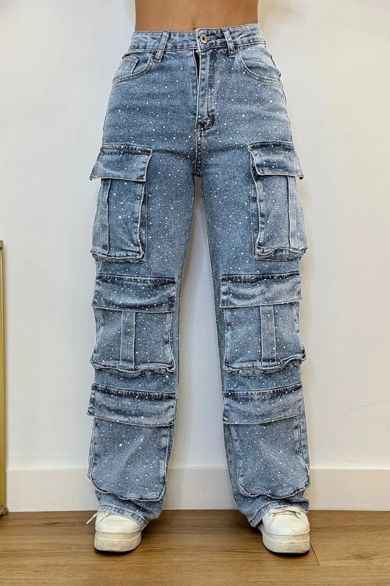 Rhinestone cargo jeans for women | Lucy -8